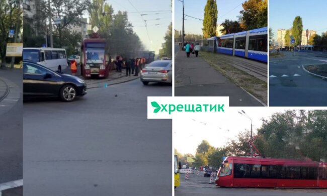 Сьогодні вранці на Троєщині травмай зійшов з рейок — це створило транспортний колапс в обидва боки