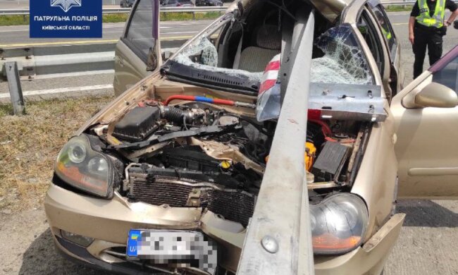 Як м’ясо на шампур: під Києвом авто нанизалося на відбійник