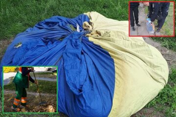 У Києві комунальник використав прапор України, як "мішок" для скошеної трави