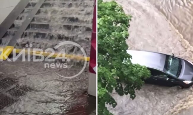 В Києві сильна злива заливає дороги, двори, тротуари і навіть підземні переходи