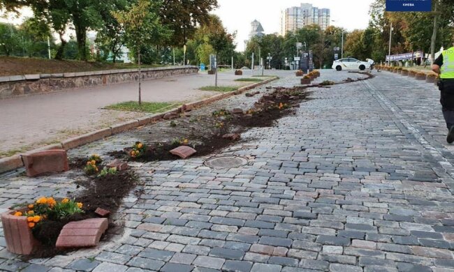 Затримали п`яного водія, який позносив клумби на Алеї Героїв Небесної Сотні (відео)