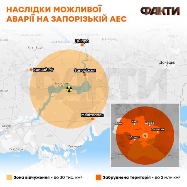 Мапа з можливими наслідками аварії на Запорізькій АЕС / Інфографіка: 